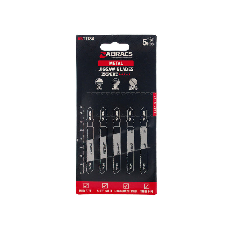 Abracs 5-piece jigsaw blade set with fine 1.5mm teeth for cutting standard metal.