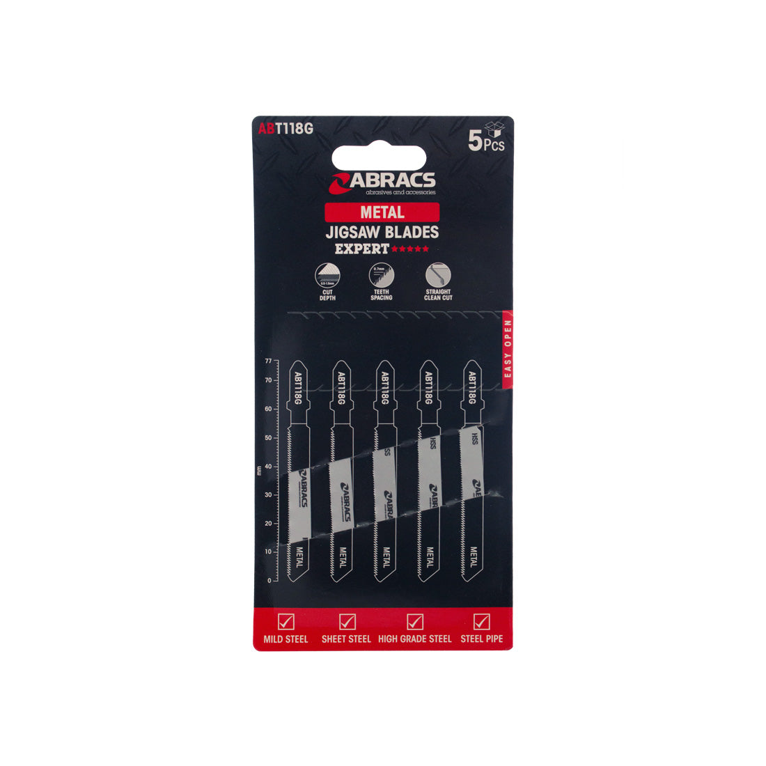 Pack of 5 Abracs jigsaw blades with very fine 0.7mm teeth for thin sheet metal.