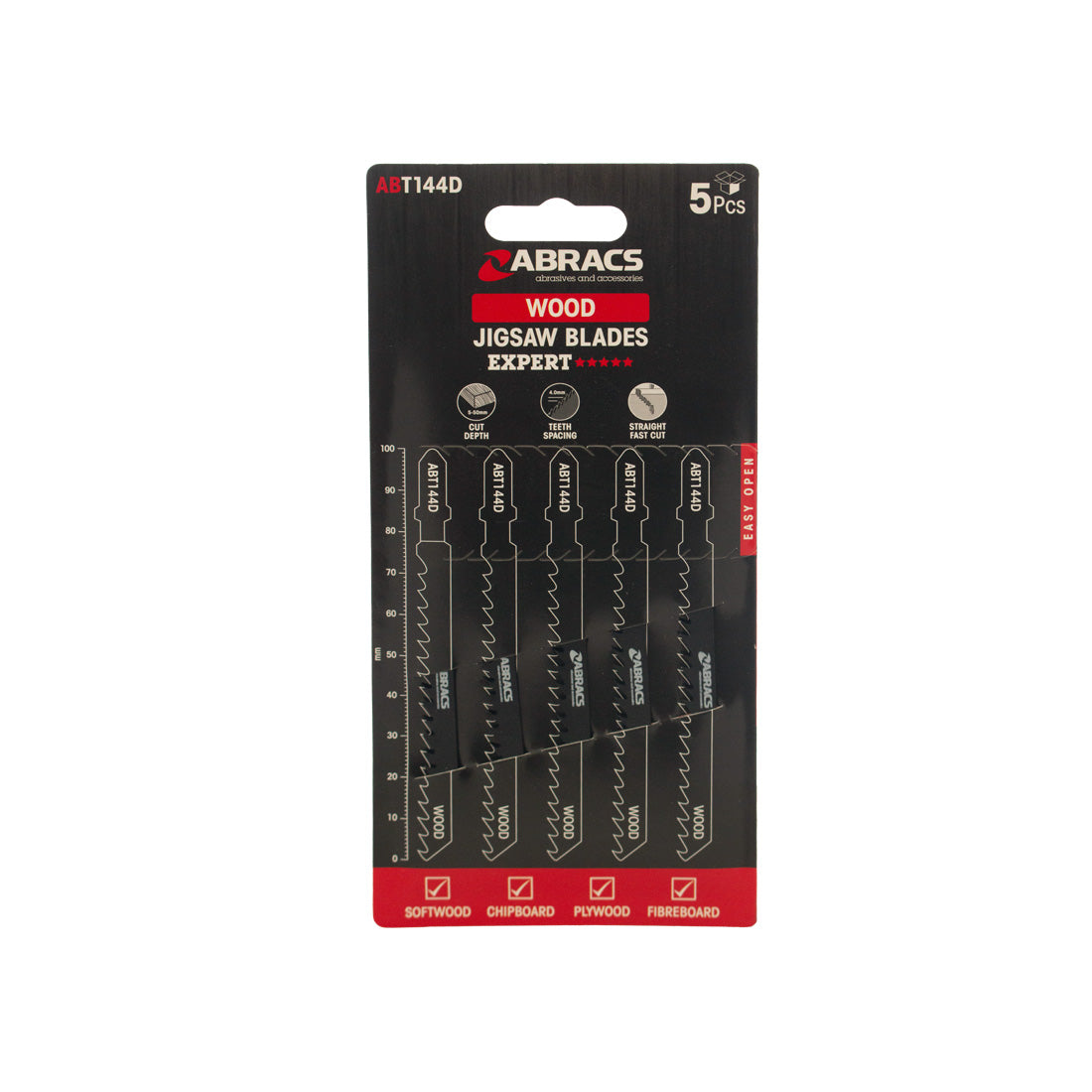 Set of 5 Abracs jigsaw blades with aggressive 4.0mm teeth for fast wood cutting.