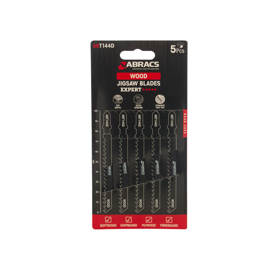Set of 5 Abracs jigsaw blades with aggressive 4.0mm teeth for fast wood cutting.