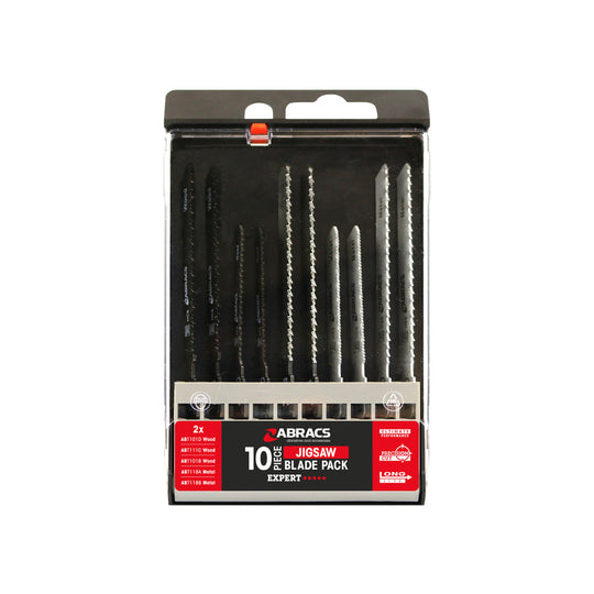 Abracs 10-piece mixed jigsaw blade set for various wood and metal applications.