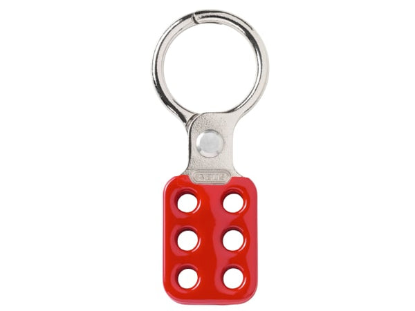 Red ABUS 752 Aluminium Lockout Hasp, 38mm (1.5in), with six holes for multiple padlocks.
