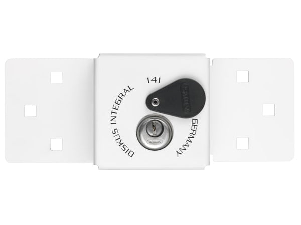 White ABUS 141/200 Diskus integral van lock hasp (ABU14126C) with a 26/70mm Diskus padlock.