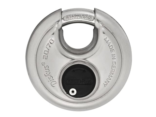 ABUS 20/70 Diskus Plus padlock with the ABUS Plus disc cylinder for high pick resistance.