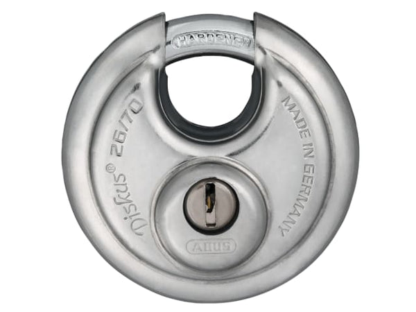 ABUS 26/70 Diskus padlock made from stainless steel for strong corrosion resistance.
