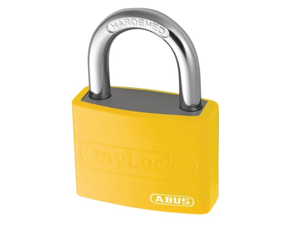 Yellow ABUS T65AL/40 MyLock aluminium padlock for high visibility and personalization.