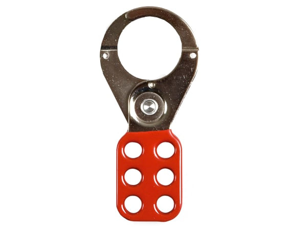 Red ABUS 702 Lock-Off Hasp, 38mm (1.5in), allows multiple workers to lock out a single device.