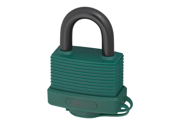 Green ABUS 70AL/45 aluminium padlock with a protective vinyl cover and hardened shackle.