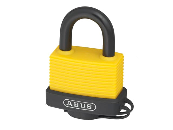 Yellow ABUS 70AL/45 aluminium padlock with a colored vinyl casing for identification.