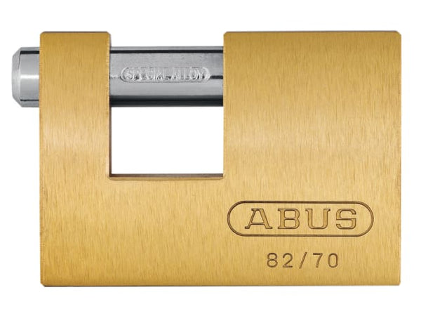 The ABUS 82/70 Monoblock brass shutter padlock for securing roller shutters and gates.