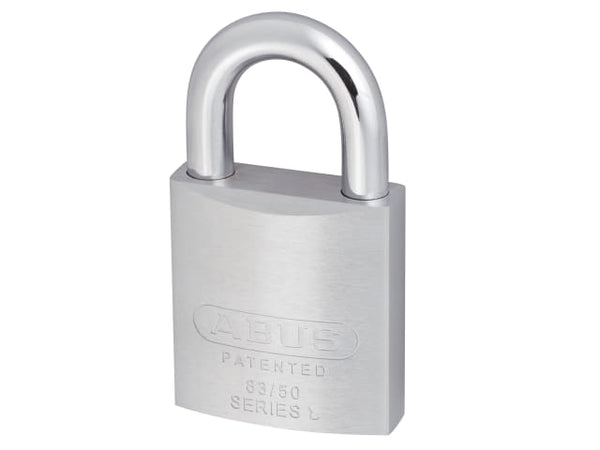 ABUS 83/50 rekeyable chrome plated brass padlock with a sleek, durable finish.