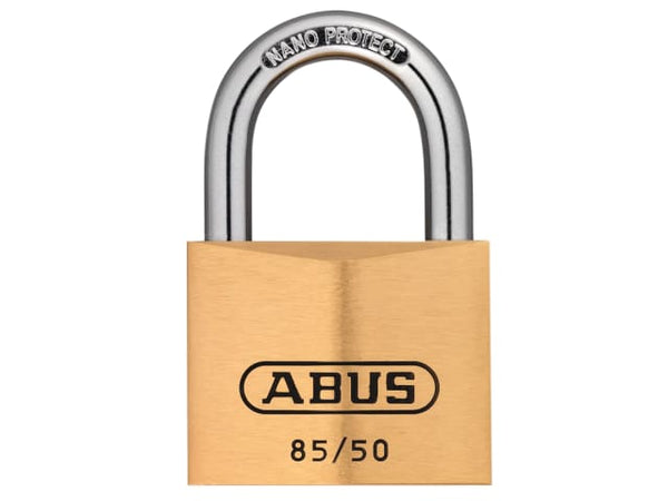 The ABUS 85/50 brass padlock, a robust lock with a 50mm body and precision keyway.