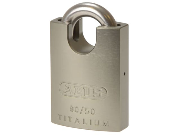 Carded ABUS 90RK/50C Titalium closed shackle padlock, rekeyable for system integration.