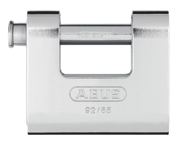 Carded ABUS 92/65C Monoblock shutter padlock with a hardened steel pin for security.