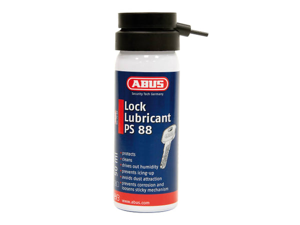 ABUS PS88 lock lubricating spray, 50ml can, for maintaining and protecting lock cylinders.