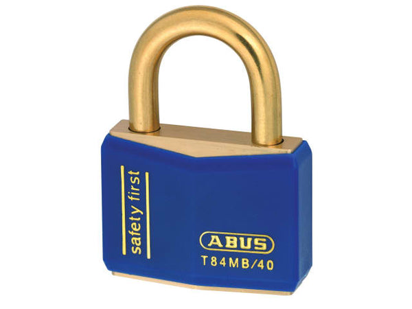 Blue ABUS T84MB/40 rustproof padlock with a solid brass body and vinyl casing.