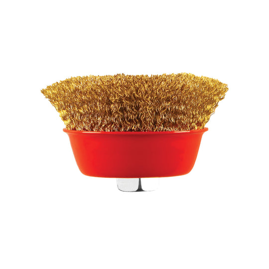 75mm crimped steel wire cup brush from Abracs with an M14 thread attachment.