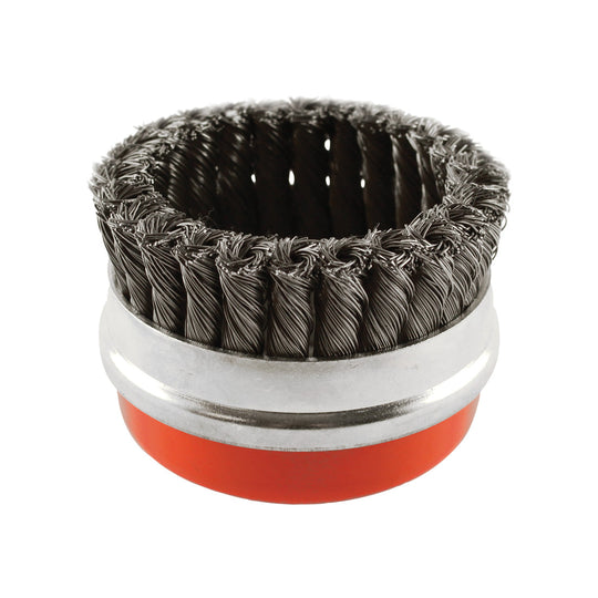 Heavy-duty 95mm twist knot wire cup brush from Abracs with an M14 thread.