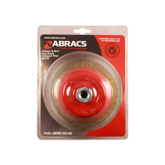 Large 120mm crimped wire cup brush from Abracs with M14 grinder fitting.