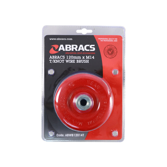 Heavy-duty 120mm twist knot steel wire cup brush by Abracs with M14 thread.
