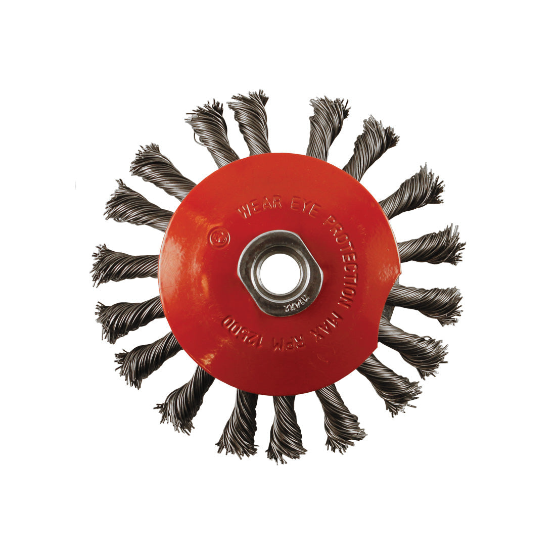 Abracs 100mm twisted knot wire bevel brush with an M14 fitting for pipe cleaning.
