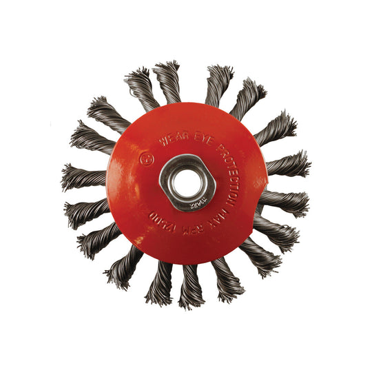 Abracs 100mm twisted knot wire bevel brush with an M14 fitting for pipe cleaning.