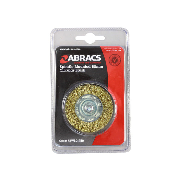 50mm spindle-mounted circular wire brush with brass-dipped steel bristles.