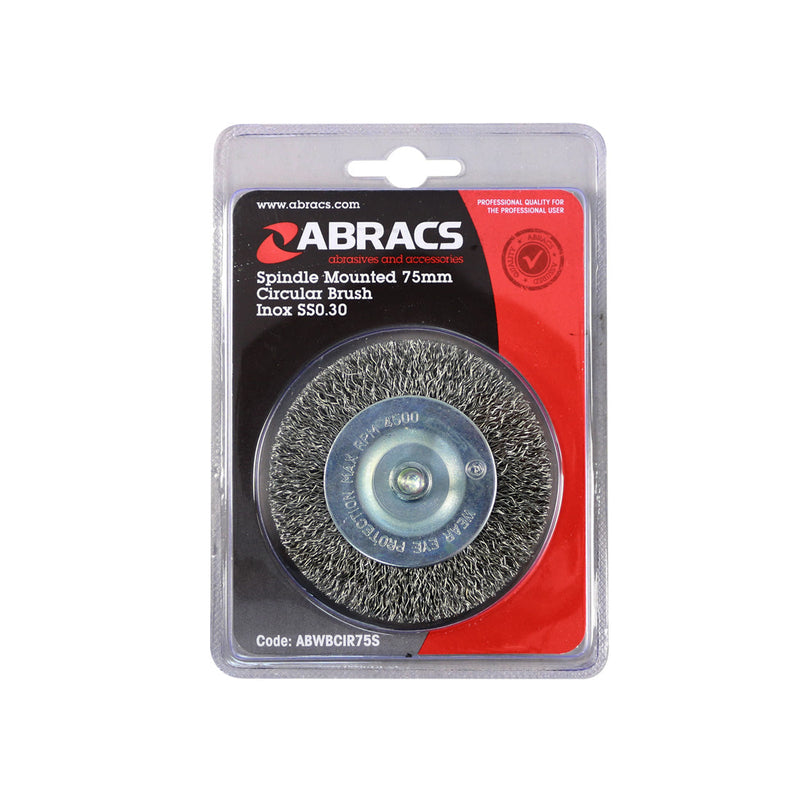 75mm spindle-mounted circular wire brush with durable stainless steel bristles.