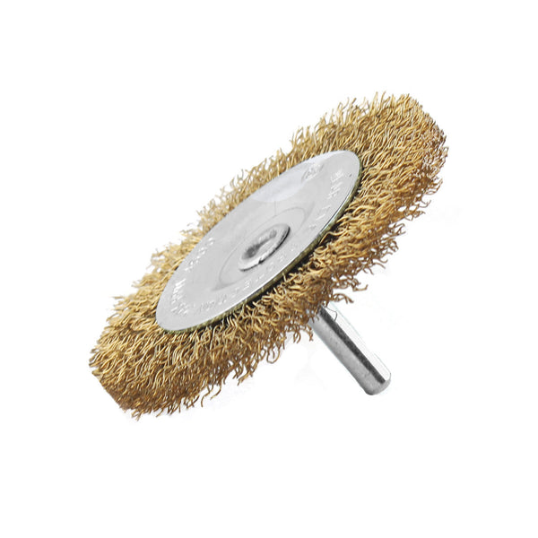 75mm circular wire brush on a spindle, with brass-dipped crimped steel wire.
