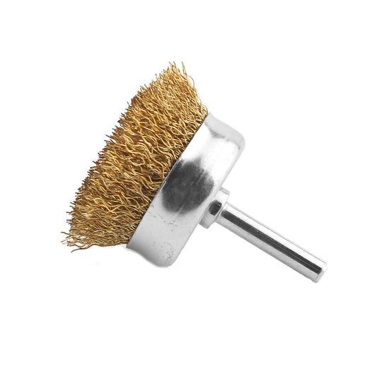 75mm spindle-mounted cup brush with brass-dipped steel wire for cleaning.