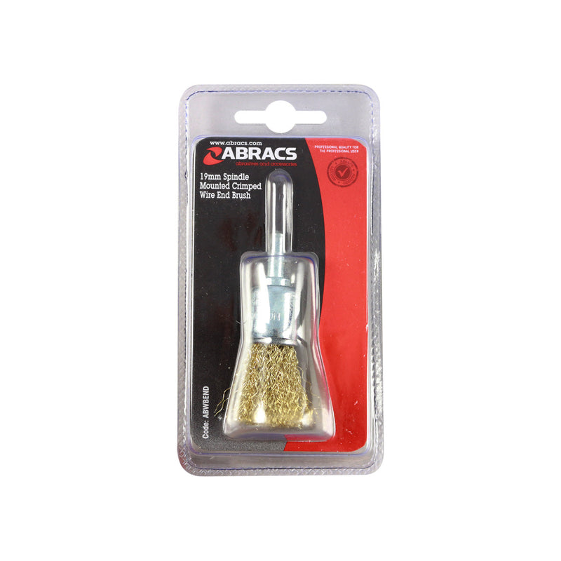 19mm spindle-mounted crimped end brush with brass-dipped steel bristles.