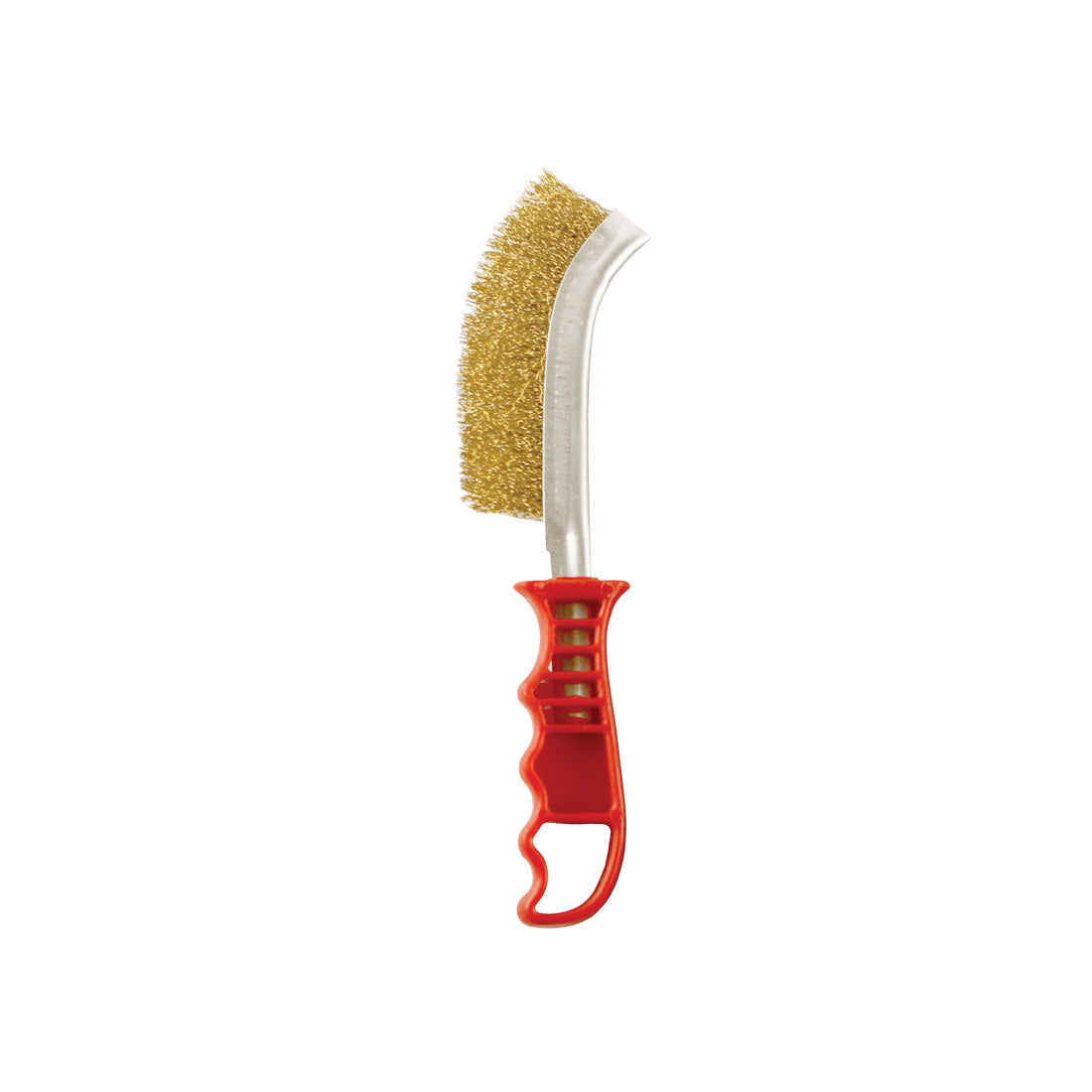 Abracs general-purpose scratch brush with a red handle and brass-dipped bristles.