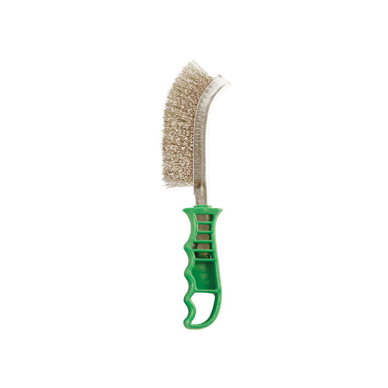 Abracs scratch brush with a red handle and durable stainless steel bristles.