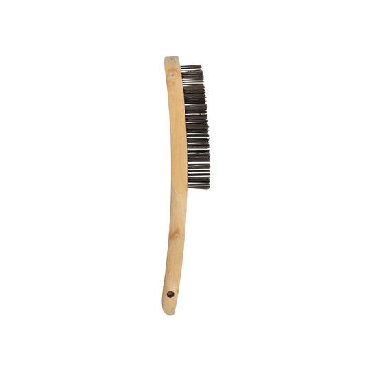 Abracs 4-row wire brush with a smooth, curved wooden handle for manual use.