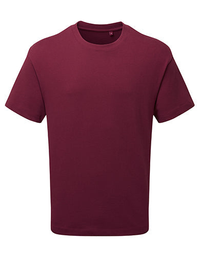 Studio photograph showcasing the Anthem AM015 men's tee in a rich burgundy shade.