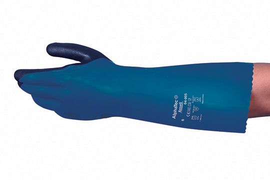 A single blue Ansell AlphaTec 04-005 chemical resistant gauntlet glove.