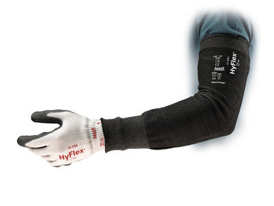 A 16-inch narrow black Ansell HyFlex 11-250 cut resistant sleeve.