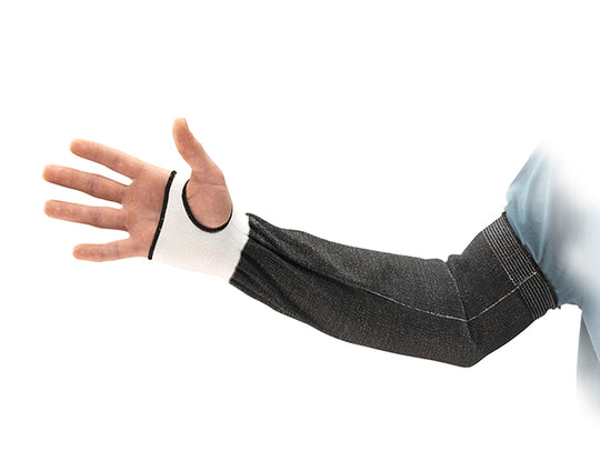 Ansell HyFlex 11-251 12-inch wide black and white protective sleeve with thumbhole.