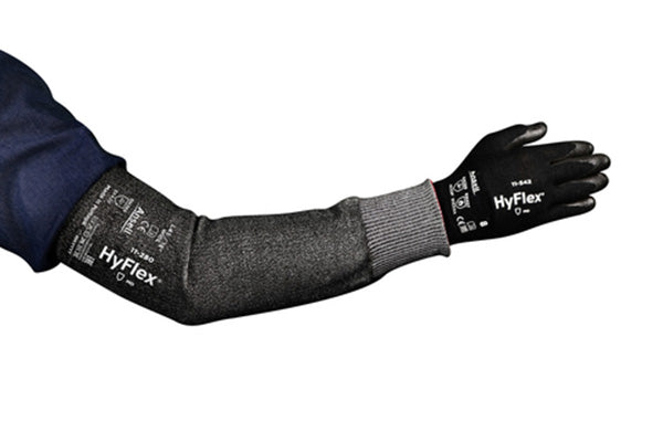 Ansell HyFlex 11-280 12-inch wide black protective arm sleeve, straight view.