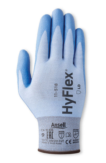 Ansell HyFlex 11-518 blue and grey cut resistant light duty glove.