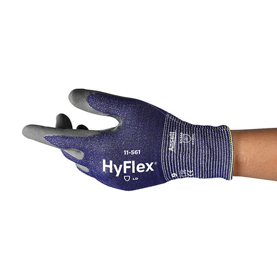 Grey and Navy blue Ansell HyFlex 11-561 cut-resistant glove with red logo.