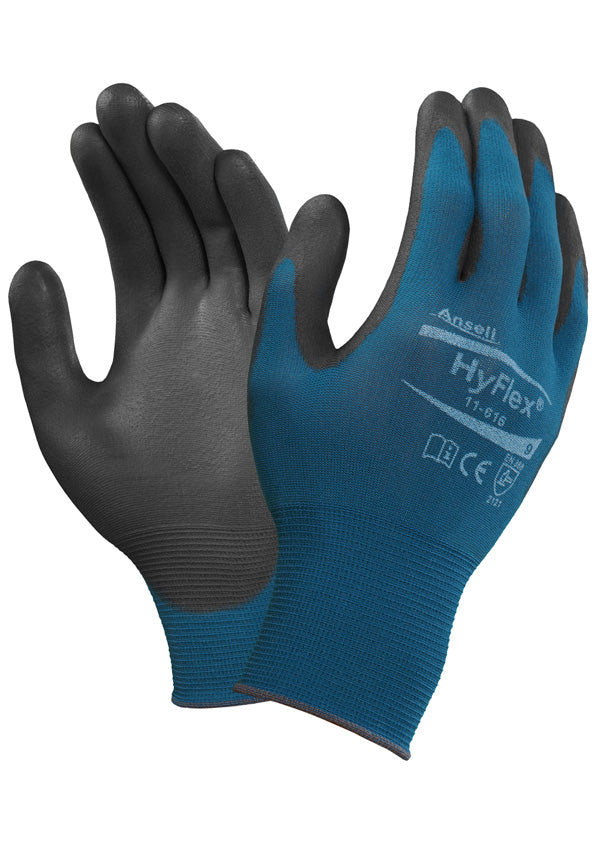Navy blue and black Ansell HyFlex 11-616 general purpose glove, palm view.