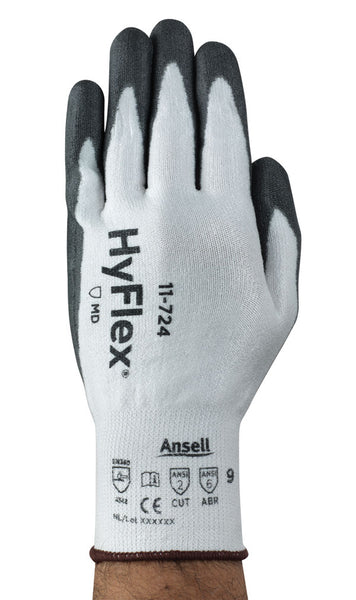 Grey and white Ansell HyFlex 11-724 cut resistant glove, angled view.