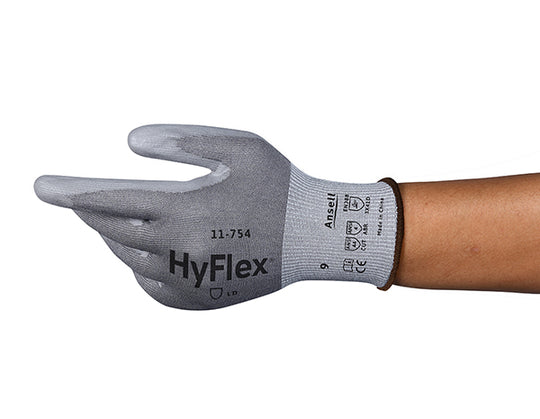 Ansell HyFlex 11-754 grey cut-resistant glove for precision tasks.
