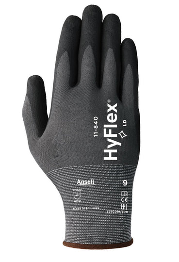Black and grey Ansell HyFlex 11-840 foam coated industrial glove.