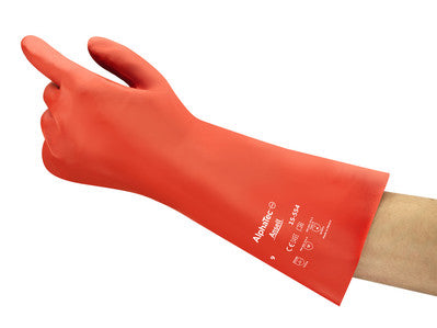 A single green Ansell AlphaTec 15-554 chemical resistant gauntlet glove.