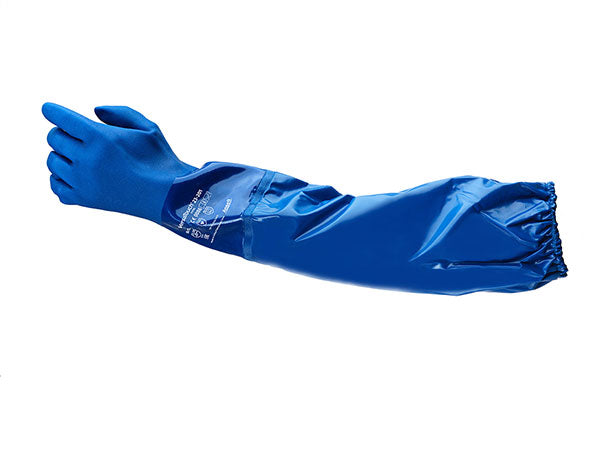 Ansell AlphaTec 23-201 blue PVC glove with extended sleeve for arm protection.