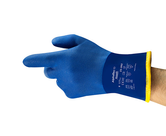 Blue Ansell AlphaTec 23-202 PVC coated glove with knit-wrist.