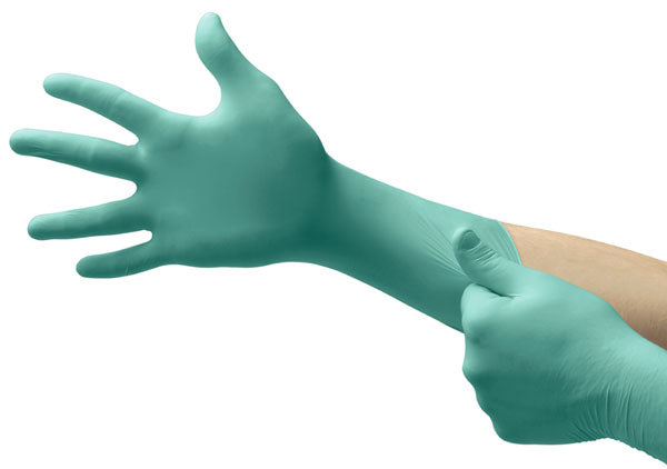 Green Ansell Neotouch 25-201 single-use neoprene glove, textured fingers.