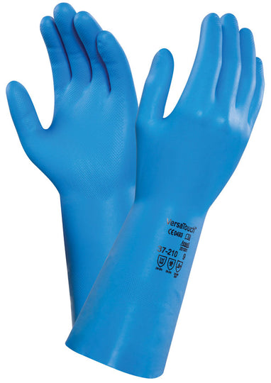 Blue Ansell VersaTouch 37-210 chemical resistant gauntlet, extended cuff.